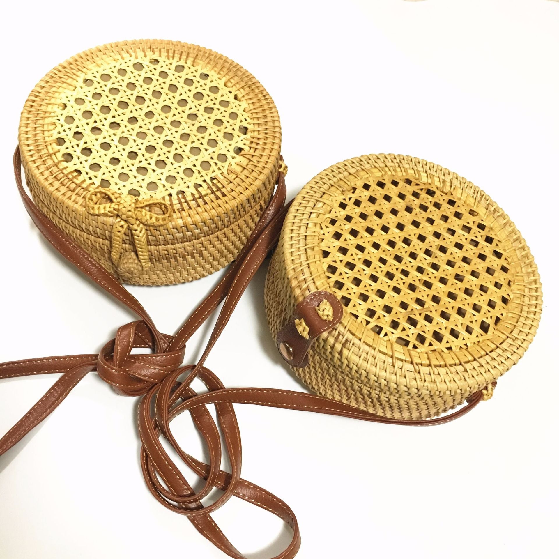 Round Bow Rattan Bag Bali Handbag Straw Bag Summer Beach Messenger Bag Retro One Shoulder Bamboo Bag