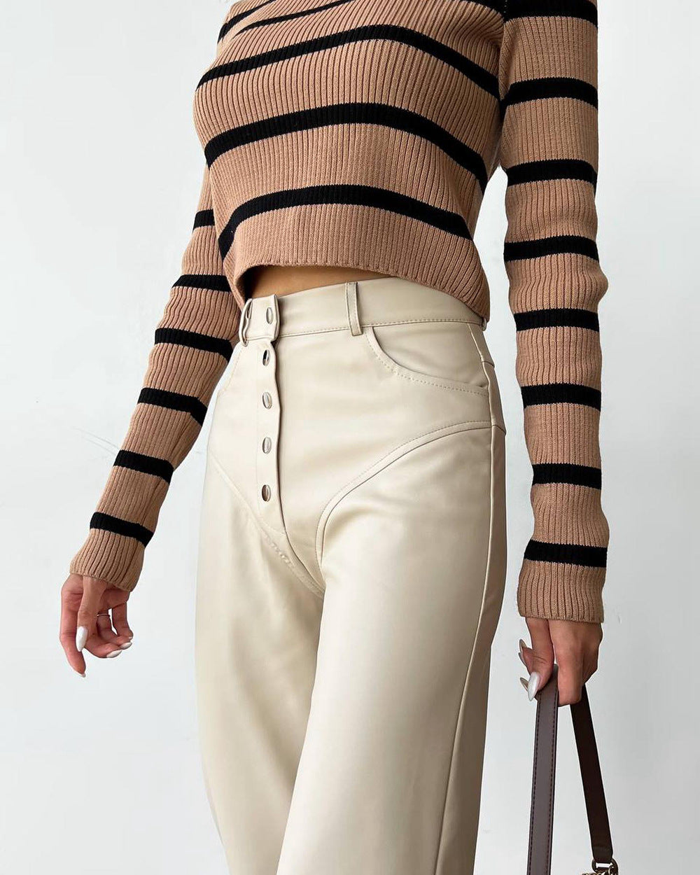 High waisted leather patchwork pants