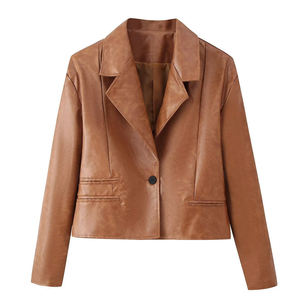 Flip collar short leather jacket