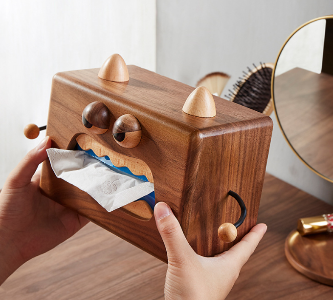 Wooden creative household gifts Solid wood small monster tissue box Cute cartoon household wooden tissue box