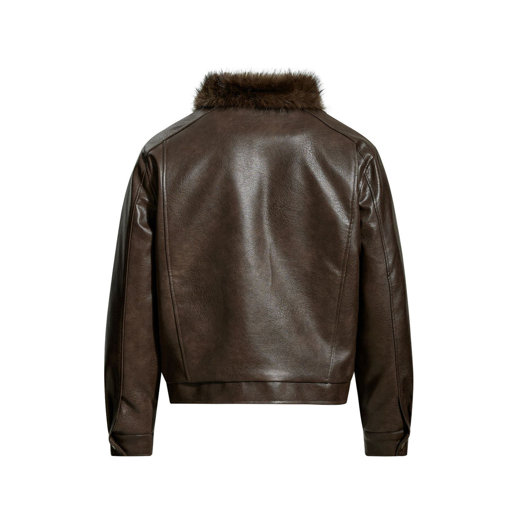 Retro imitation fur integrated PU leather jacket