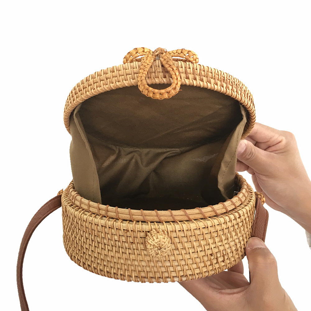 Round Bow Rattan Bag Bali Handbag Straw Bag Summer Beach Messenger Bag Retro One Shoulder Bamboo Bag