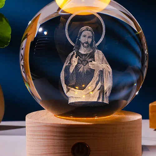 3D Engraved Jesus Crystal Ball Lamp With Wooden Base