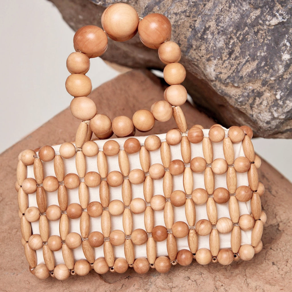 Antique New Ins With The Same Hand-Woven Girl From Natural Wood Beads Handbag Retro Bamboo Bag Beach Bag