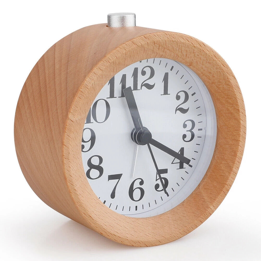Mini Alarm Clock Wooden Mute Backlit Battery-Powered Round Solid Wood Night Light Alarm Clock