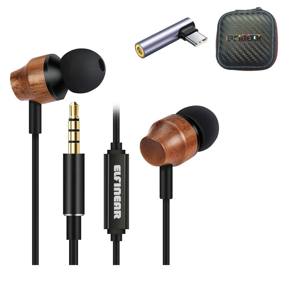 ELFINEAR Wood Earphone Headphones In-Ear Monitors Wired Headpones With Mic