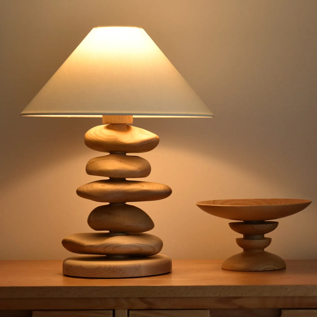 Solid Ash Wood Carving Stack Stone Shaped Table Lamps Dimmable Indoor Decor LED Lighting Bedroom Living Room Study Desk Lamps