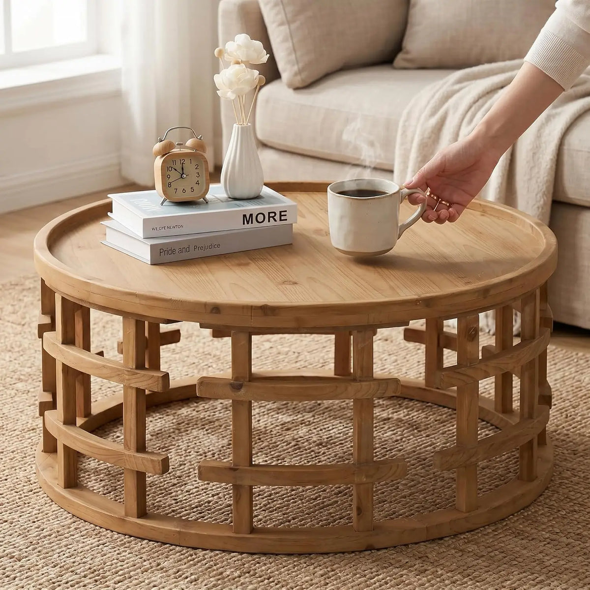Round Wooden Coffee Table Boho Handcrafted Farmhouse Living Room Small Space, Customized