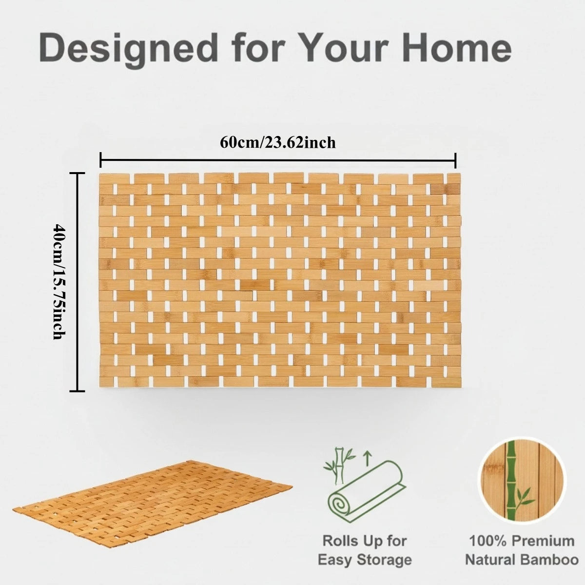 Bamboo Bath and Shower Mat – Rollable Wooden Slat Design with Non-Slip Base, Easy to Clean and Quick-Drying, Anti-Slip Bath Mat
