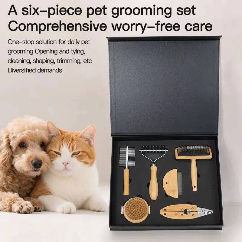Customized Stainless Steel & Bamboo Biodegradable Portable Pet Grooming Set with Wooden Hair Brush Kit and Box for Cats & Dogs