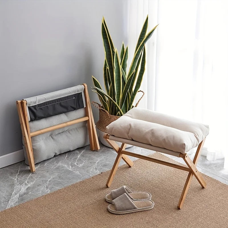 1pc Bamboo Foldable Footrest Stool with Cushioned Seat - Portable Office & Home Use, Space-Saving Design, Ergonomic Comfort