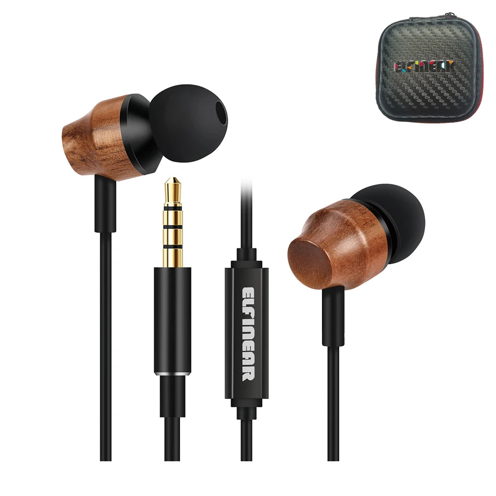 ELFINEAR Wood Earphone Headphones In-Ear Monitors Wired Headpones With Mic