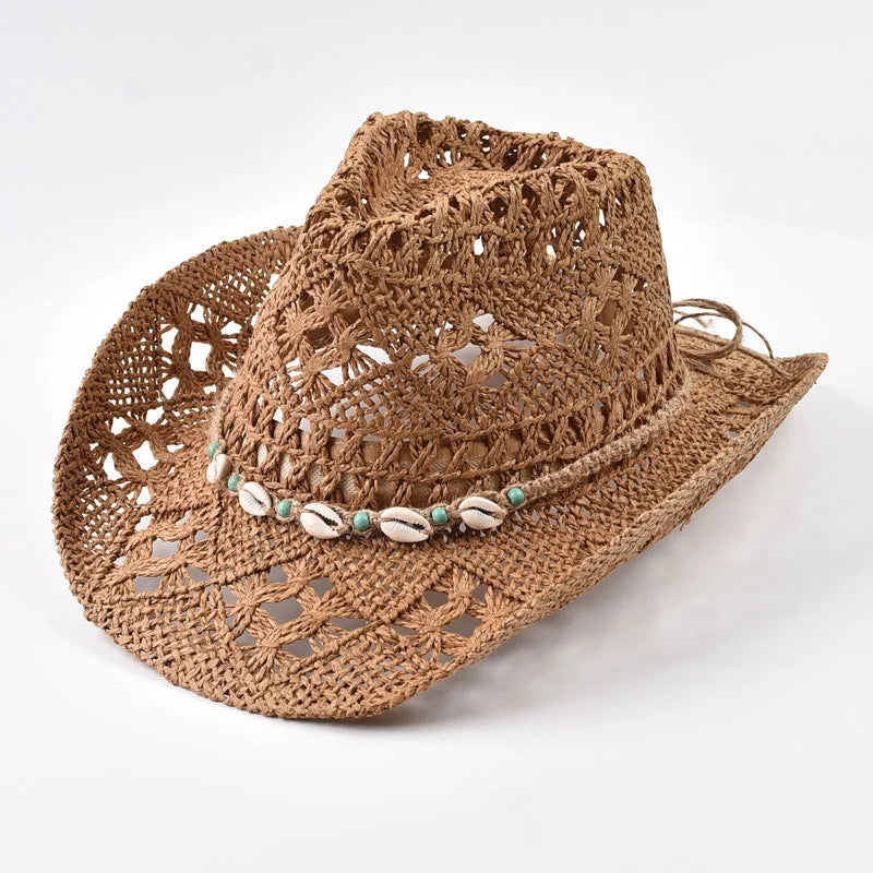 Straw Hat for Women Summer Shell Decoration Beach Hat Hollow Out  Wide Brim Sun Hat Chapeu Panama Feminino