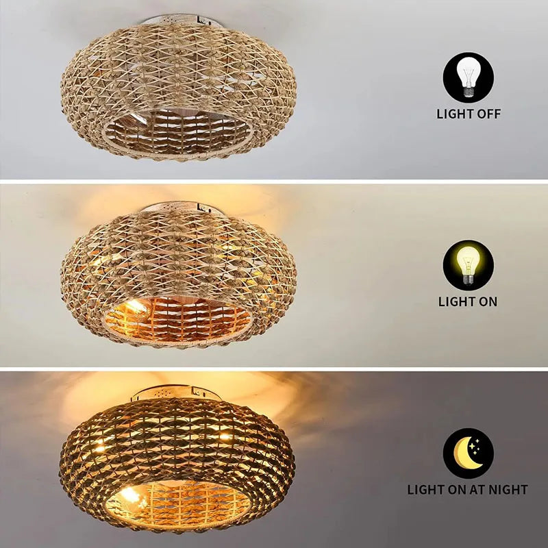 Bamboo Ceiling Fan With Lights Remote Control Bedroom Decor Ventilator Lamp Invisible Blades Retractable Silent Electric Fans