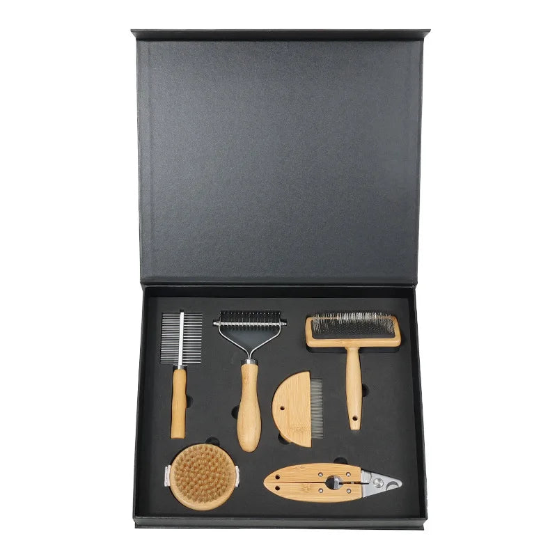 Customized Stainless Steel & Bamboo Biodegradable Portable Pet Grooming Set with Wooden Hair Brush Kit and Box for Cats & Dogs
