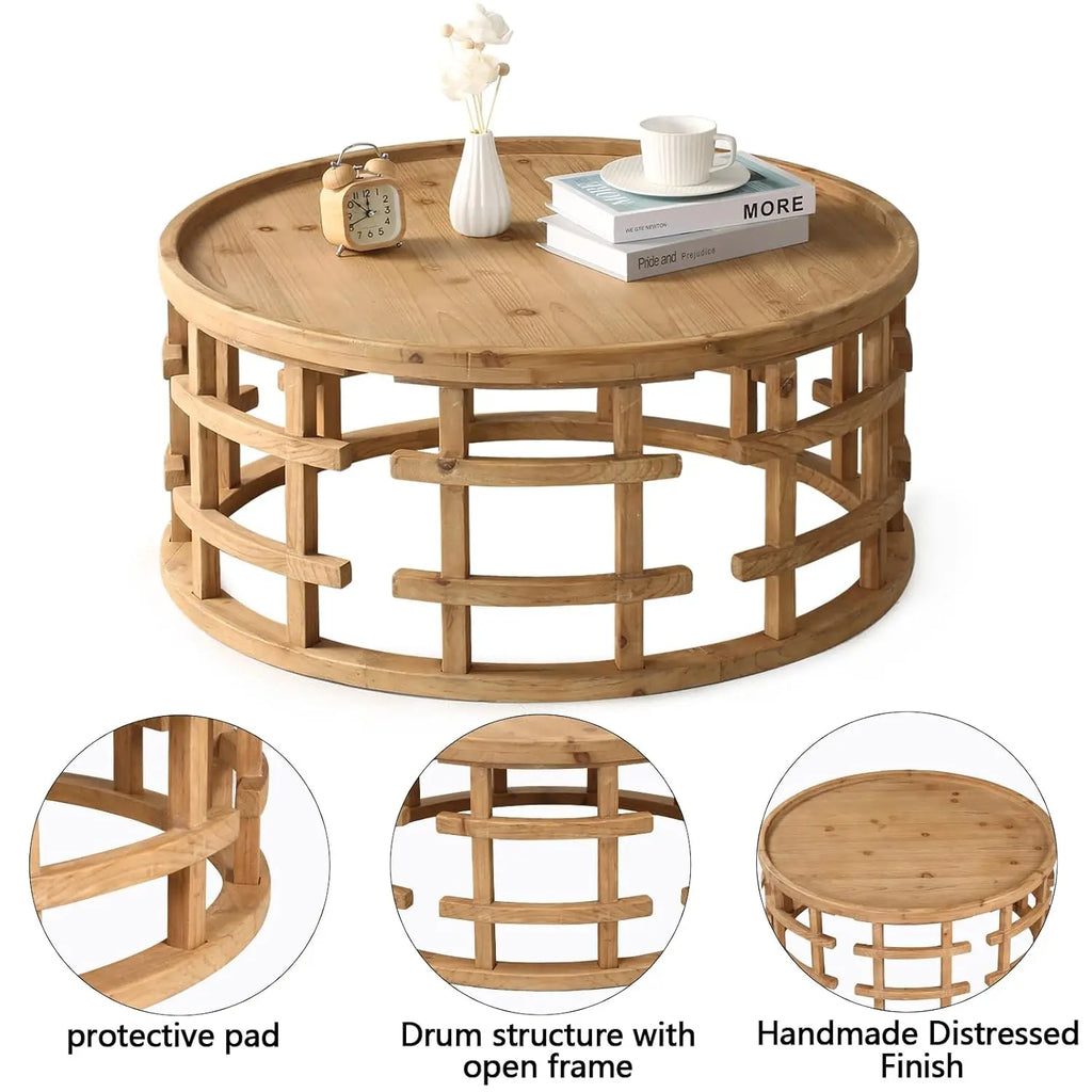 Round Wooden Coffee Table Boho Handcrafted Farmhouse Living Room Small Space, Customized