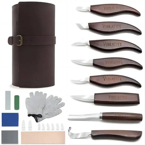 15-Piece Wood Carving Knife Set for Beginners with Leather Roll Case