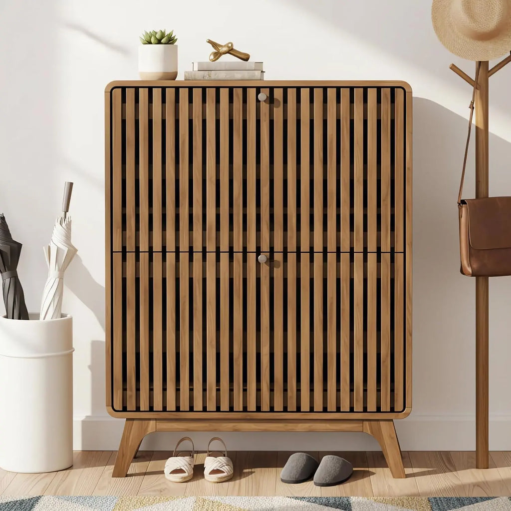 Bamboo Slim Shoe Cabinet 4 Flip Drawers Narrow Entryway Hallway Storage Organizer Walnut, Customized