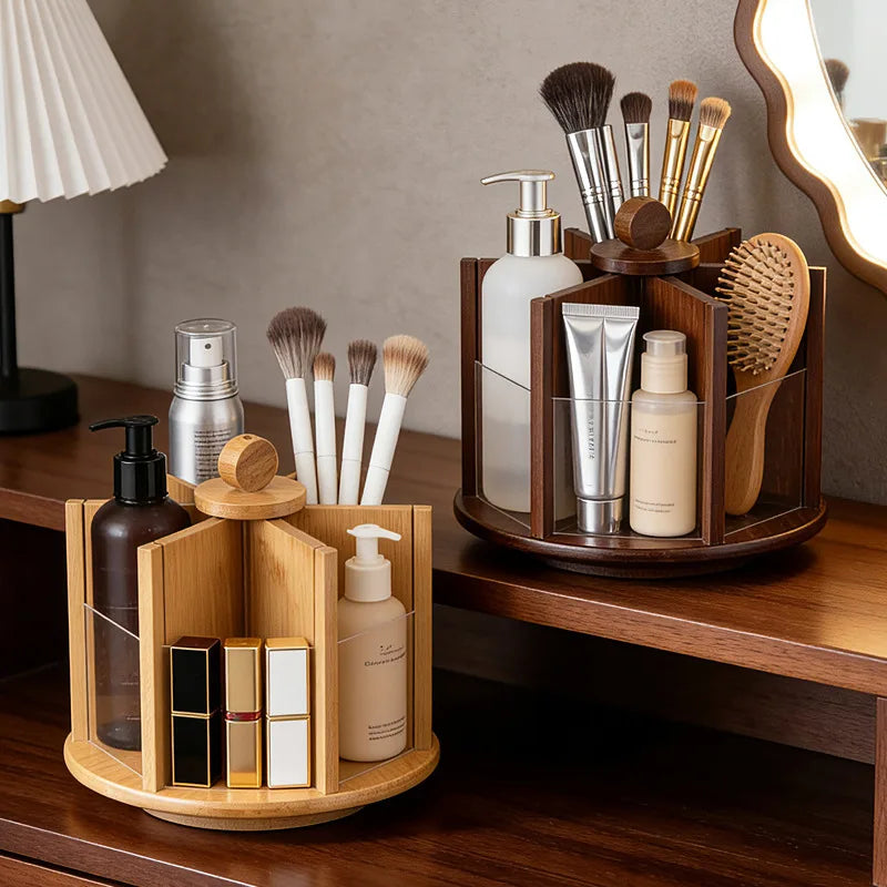 Bamboo rotating cosmetic storage box, desktop large capacity dressing table, storage rack