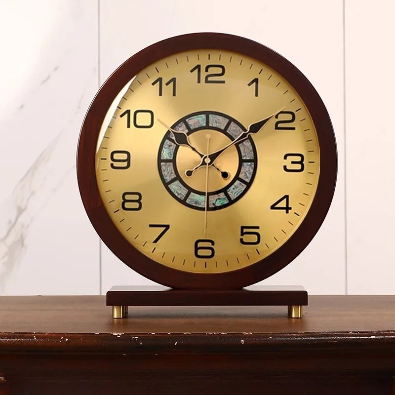 Solid Wood Clock Desktop Ornament Retro Living Room Home Desktop New Chinese Style Silent Pendulum Clock