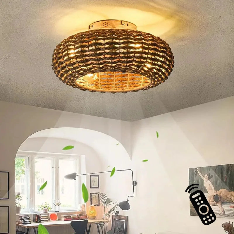 Bamboo Ceiling Fan With Lights Remote Control Bedroom Decor Ventilator Lamp Invisible Blades Retractable Silent Electric Fans