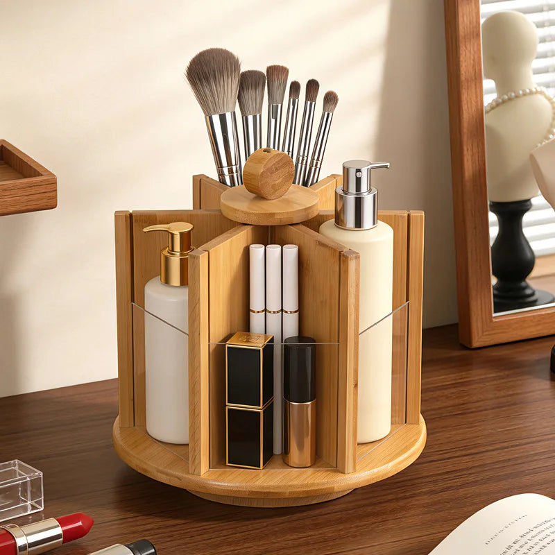 Bamboo rotating cosmetic storage box, desktop large capacity dressing table, storage rack