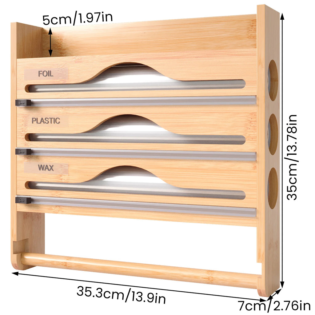 Bamboo Wall Mounted 3-in-1 Foil Plastic Wrap Dispenser Kitchen Organizer Rack with Paper Towel Holder Spice Jar Storage Shelf