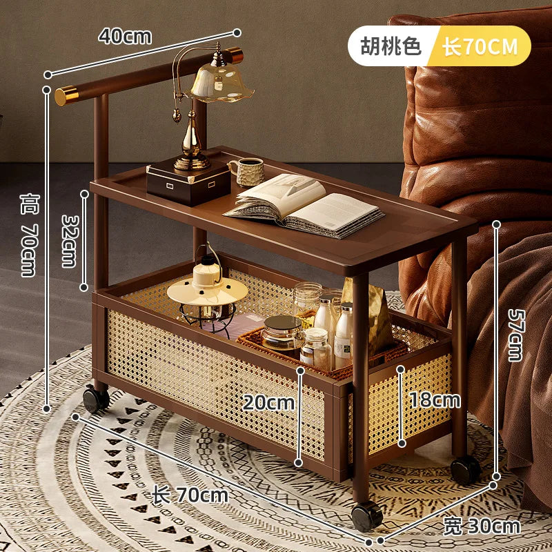High-end Side Table Bamboo 2 Layers Coffee Tables Mobile Coffee Table with Wheels Trolley Home Storage Rack Living Room Decor