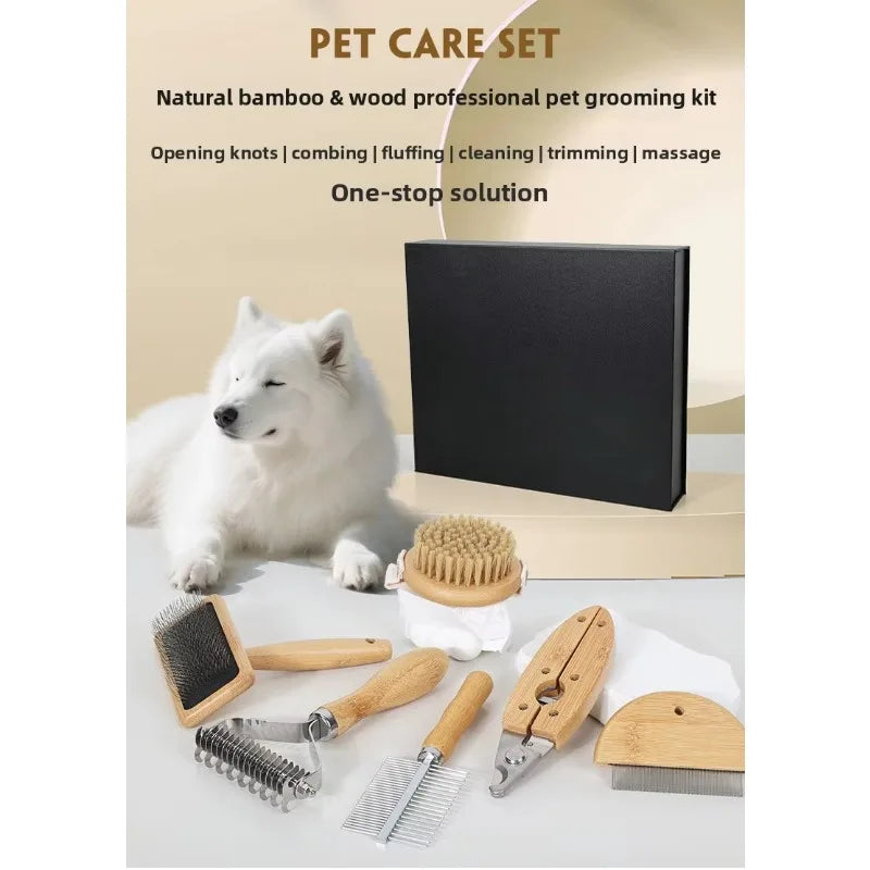 Customized Stainless Steel & Bamboo Biodegradable Portable Pet Grooming Set with Wooden Hair Brush Kit and Box for Cats & Dogs