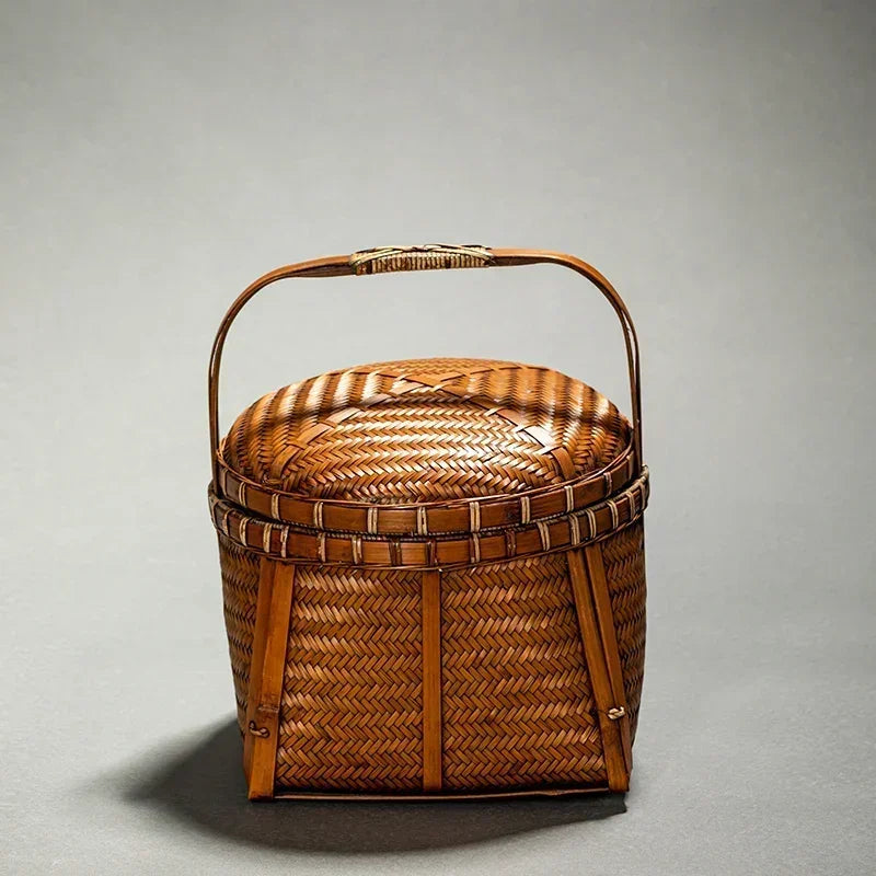 Handmade Bamboo Woven Picnic Basket Retro Portable Tea Set Storage Traditional Craft Household Organizer Picnic Box