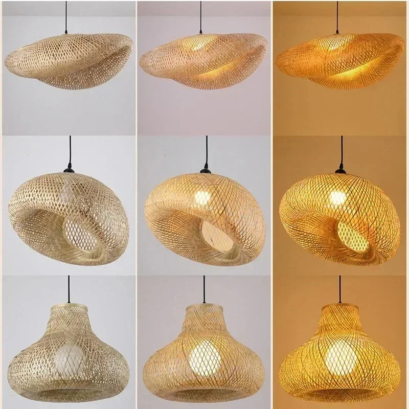 Bamboo Wicker Rattan Lampshade Rustic Pendant Lamps Weaving Hanging Restaurant Kitchen Chandelier Dining Room Lampe-Rattan Light