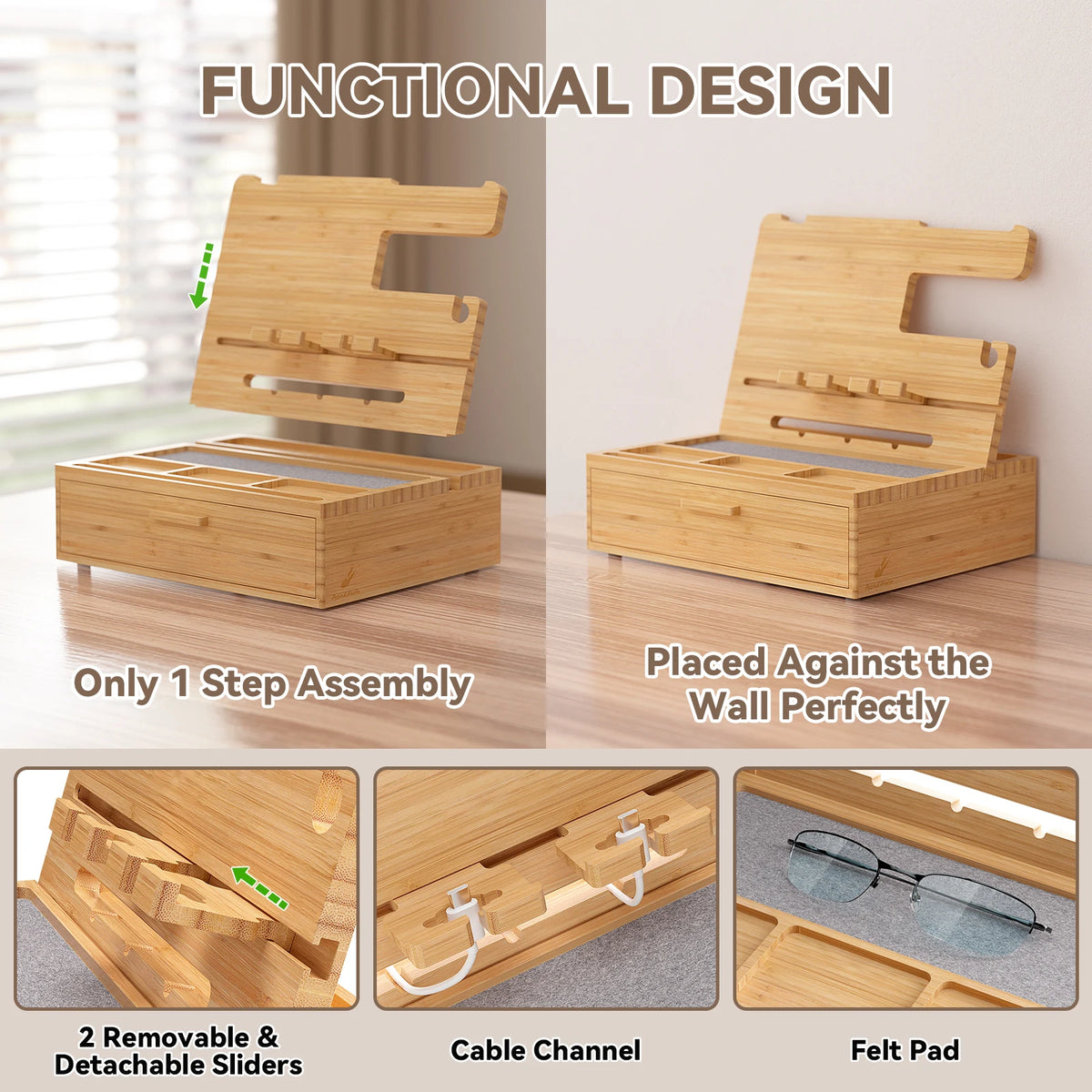 Bamboo Phone Docking Station with Drawer Nightstand Charging Organizer for Men and Women Bedside Holder Stand for Watches