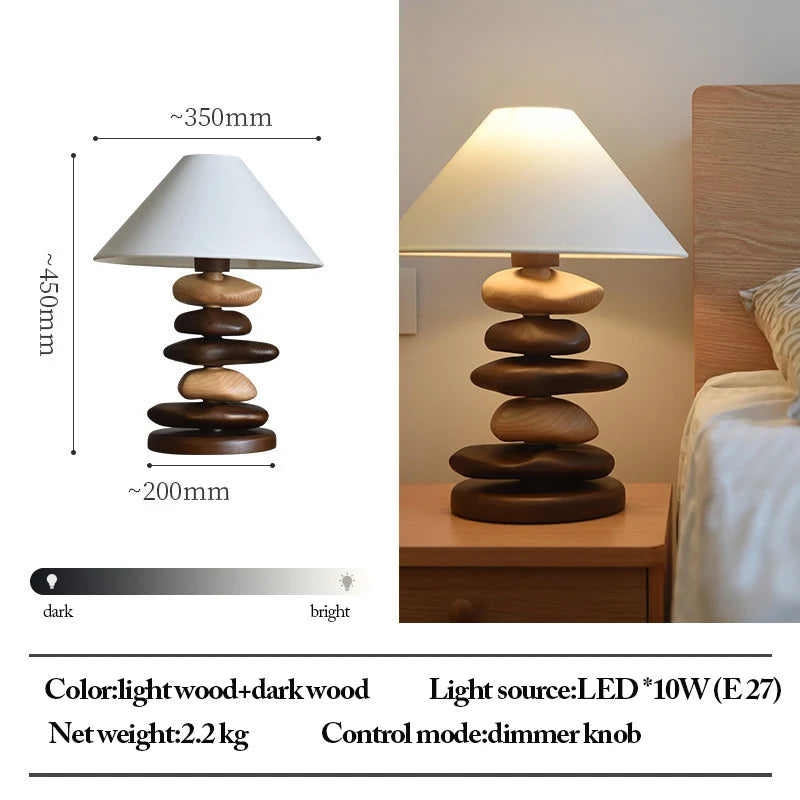 Solid Ash Wood Carving Stack Stone Shaped Table Lamps Dimmable Indoor Decor LED Lighting Bedroom Living Room Study Desk Lamps