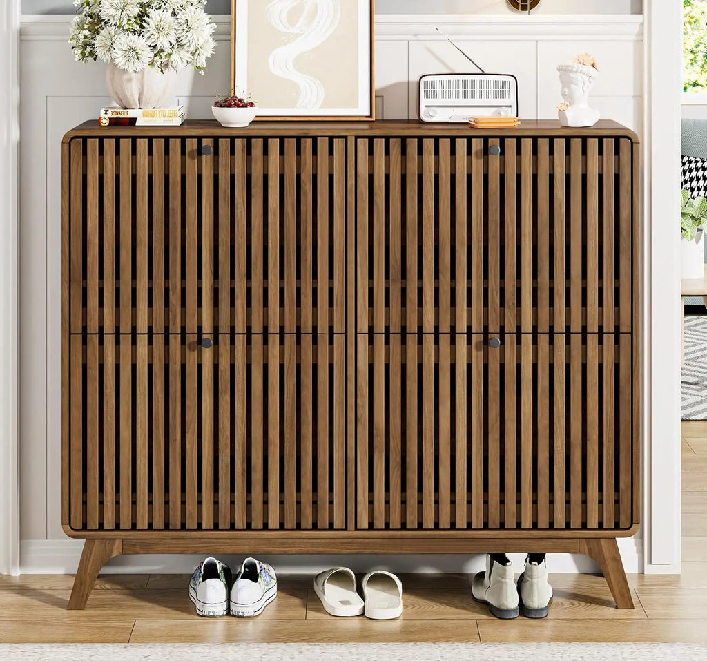 Bamboo Slim Shoe Cabinet 4 Flip Drawers Narrow Entryway Hallway Storage Organizer Walnut, Customized