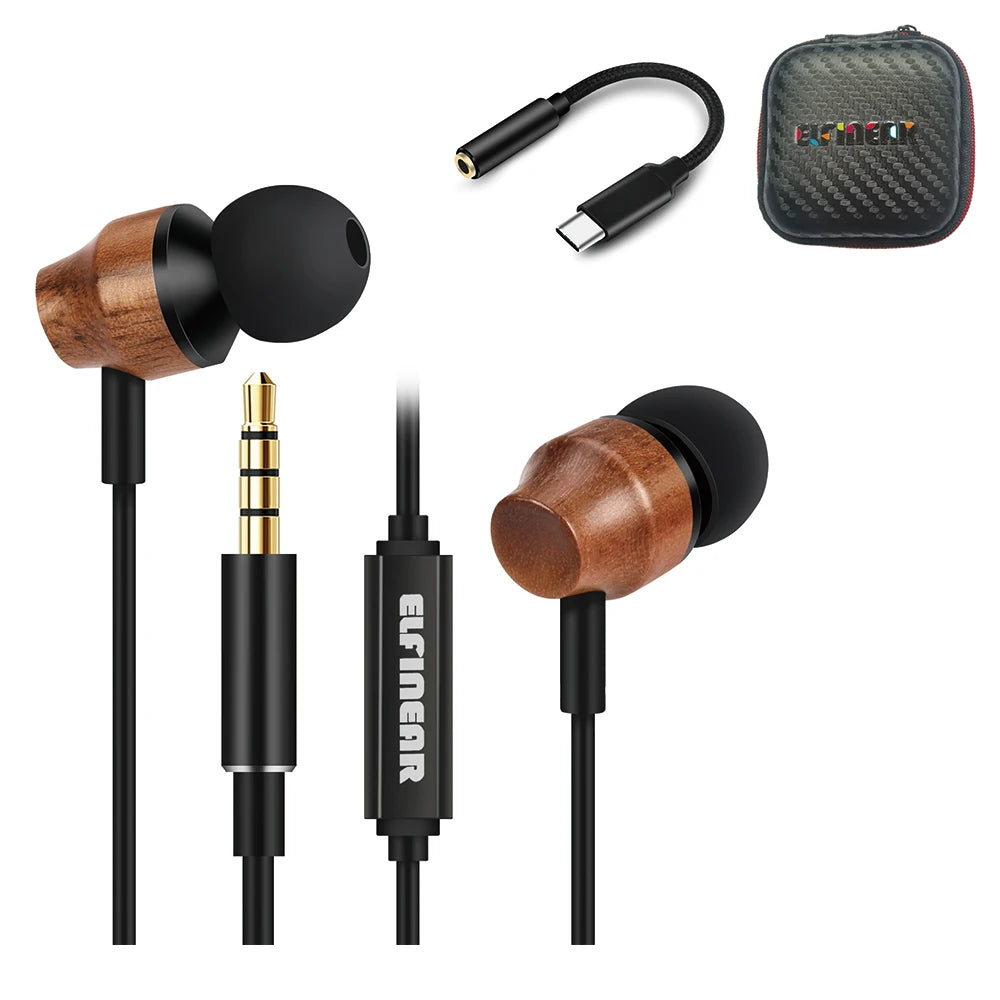 ELFINEAR Wood Earphone Headphones In-Ear Monitors Wired Headpones With Mic