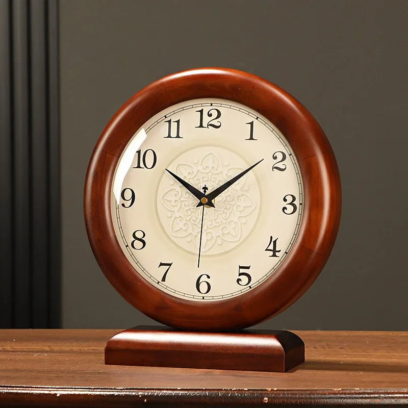 Solid Wood Clock Desktop Ornament Retro Living Room Home Desktop New Chinese Style Silent Pendulum Clock