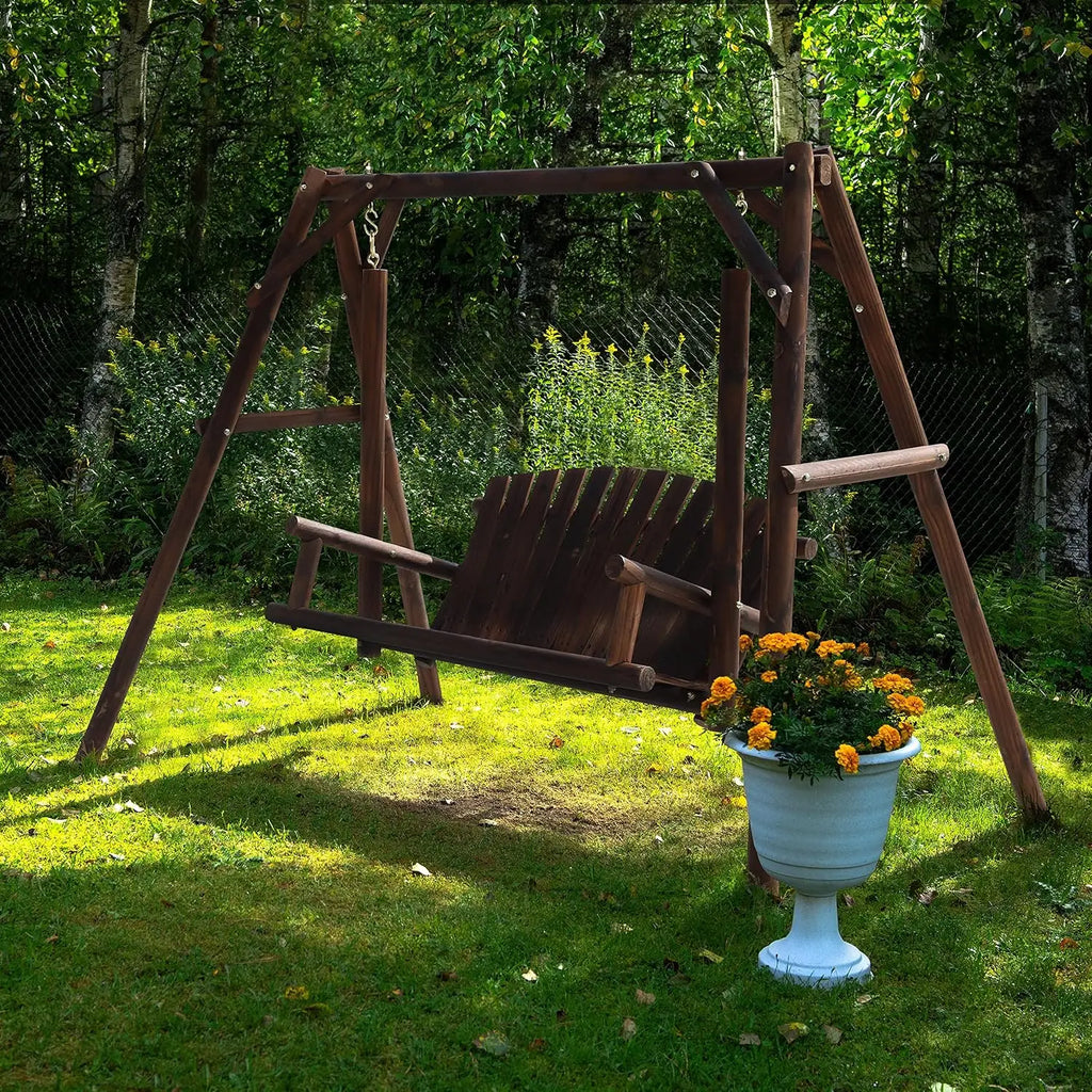 Wooden Outdoor Porch Swing with A-Frame Stand, 2-Person Log Bench with Curved Back for Yard & Garden, Rustic, Customized