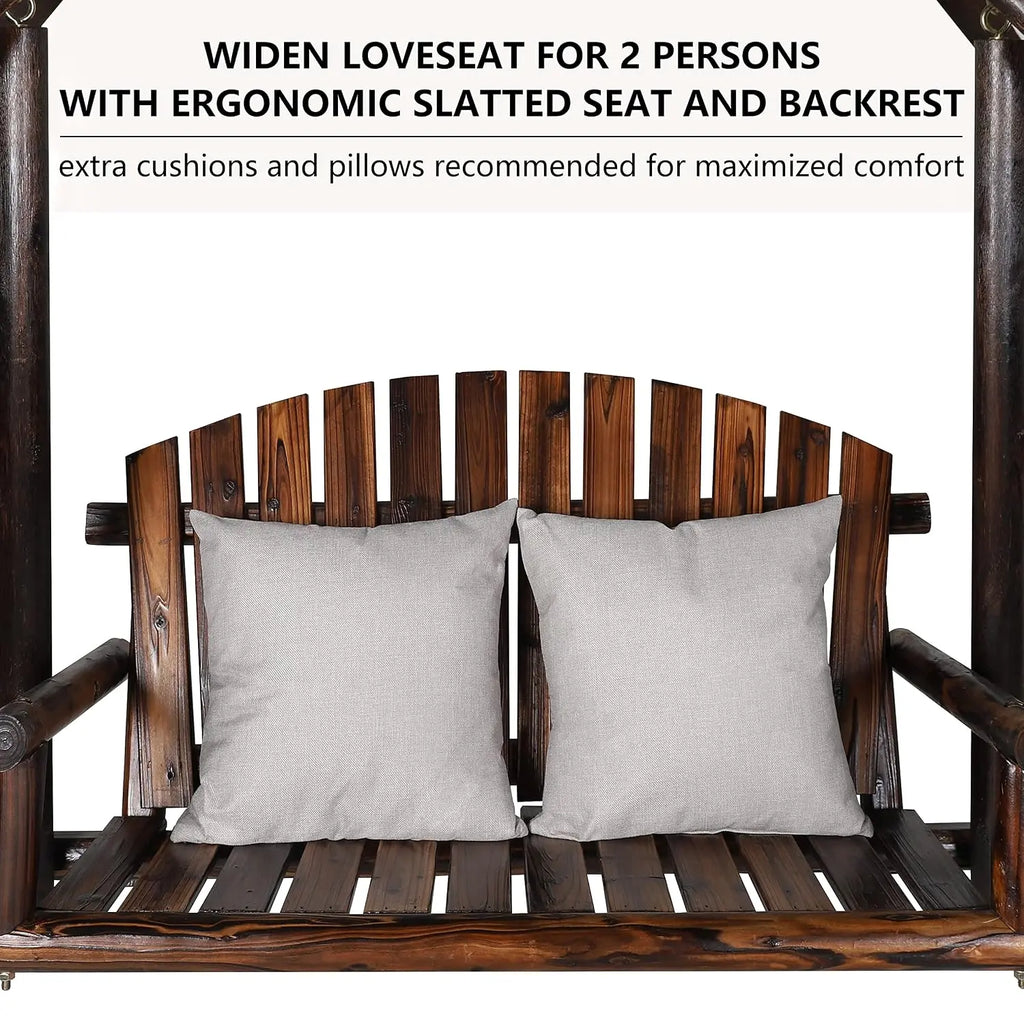 Wooden Outdoor Porch Swing with A-Frame Stand, 2-Person Log Bench with Curved Back for Yard & Garden, Rustic, Customized