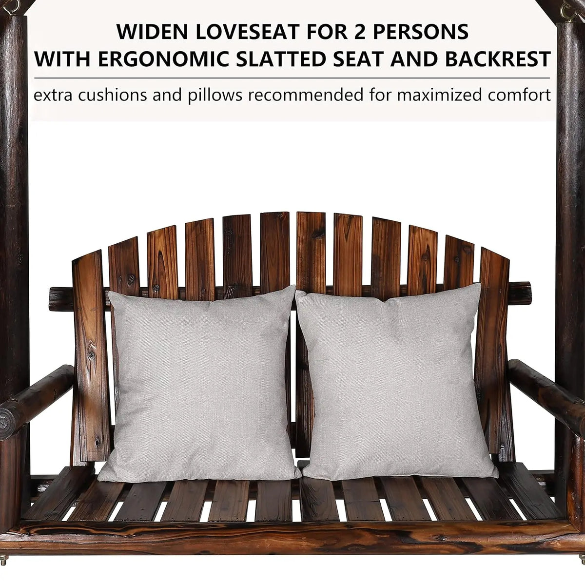 Wooden Outdoor Porch Swing with A-Frame Stand, 2-Person Log Bench with Curved Back for Yard & Garden, Rustic, Customized