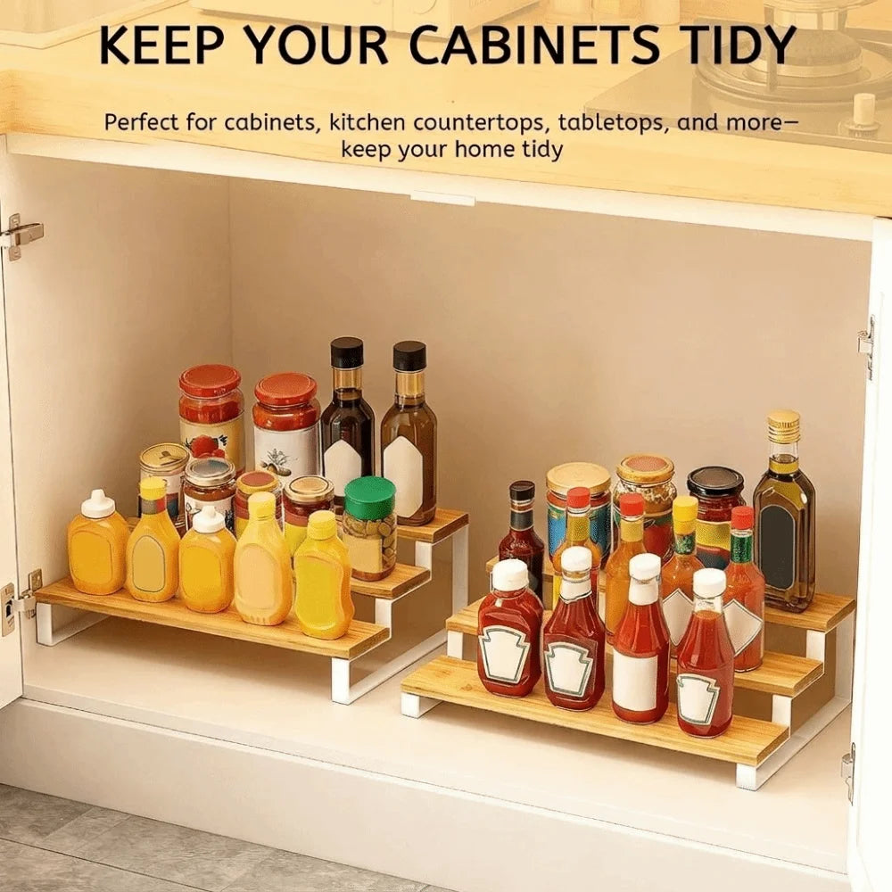Bamboo 3 Tier Spice Rack Detachable Space Saving Spice Condiment Shelf Large Capacity Expandable Step Storage Rack Bathroom