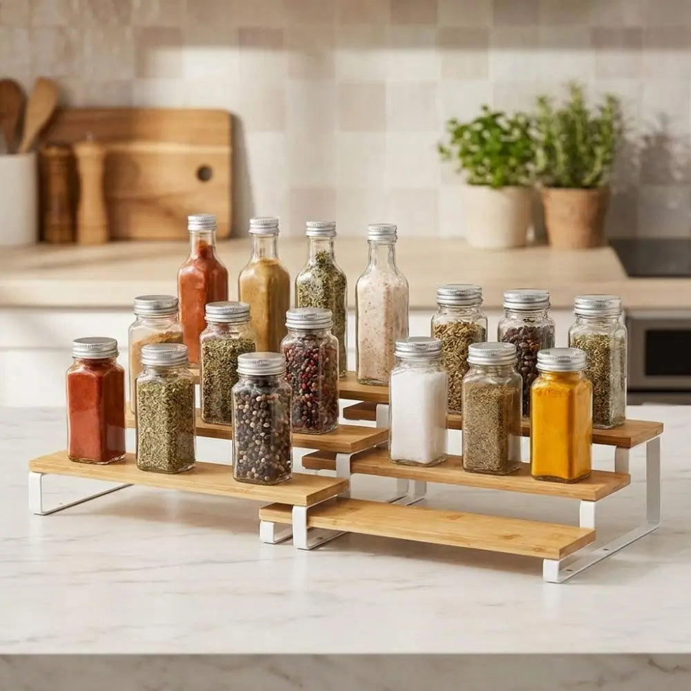 Bamboo 3 Tier Spice Rack Detachable Space Saving Spice Condiment Shelf Large Capacity Expandable Step Storage Rack Bathroom