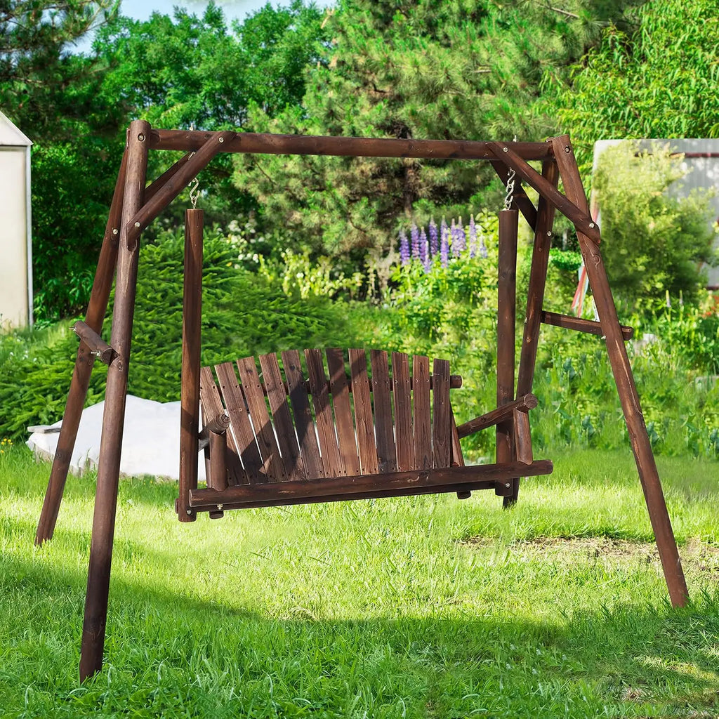 Wooden Outdoor Porch Swing with A-Frame Stand, 2-Person Log Bench with Curved Back for Yard & Garden, Rustic, Customized