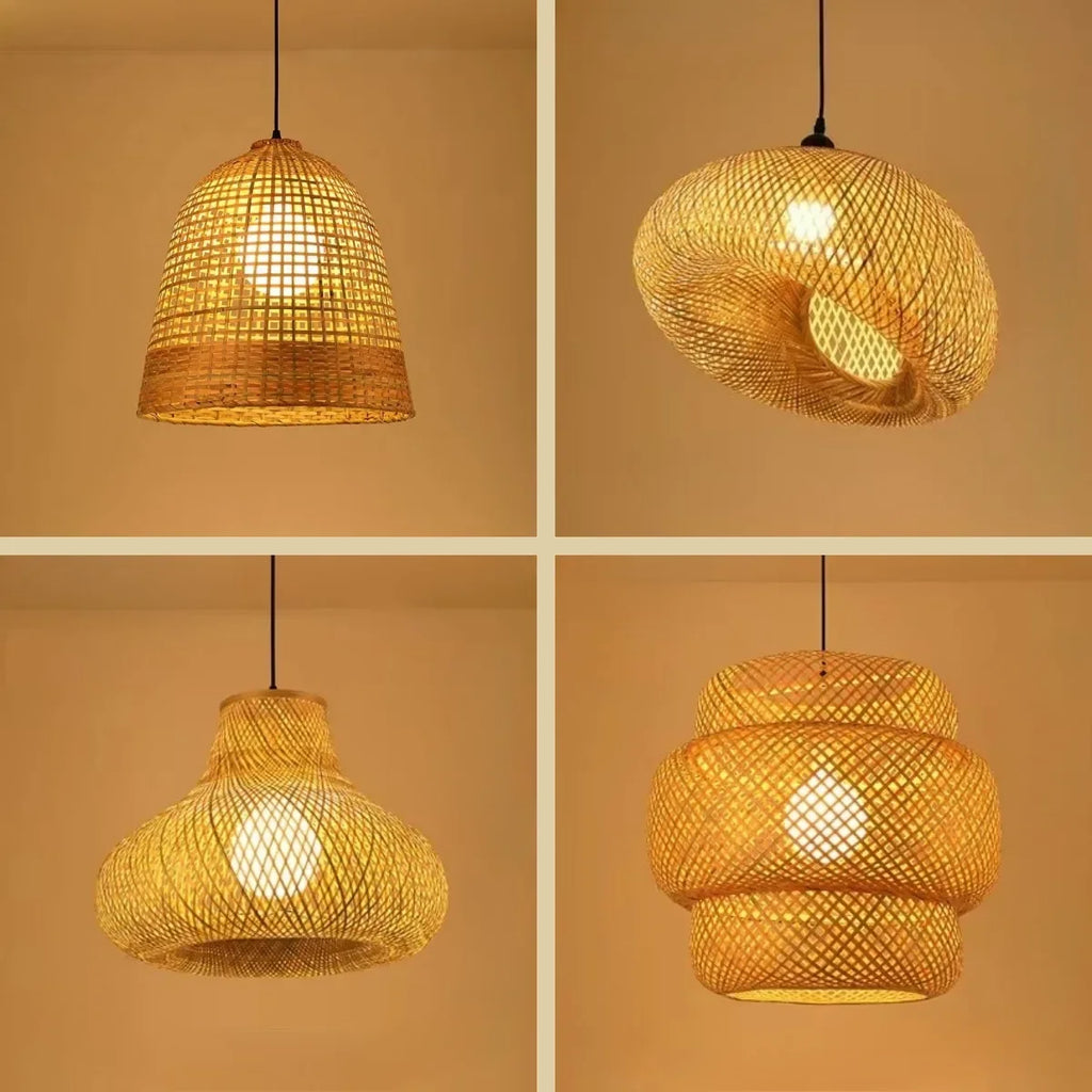 Bamboo Wicker Rattan Lampshade Rustic Pendant Lamps Weaving Hanging Restaurant Kitchen Chandelier Dining Room Lampe-Rattan Light