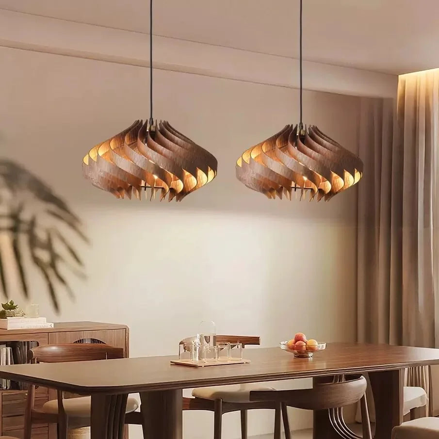 Wood Art Pendant Light, Modern Art Warm LED Decor Lamp for Dining Room Bedroom Bedside Ambient Lighting