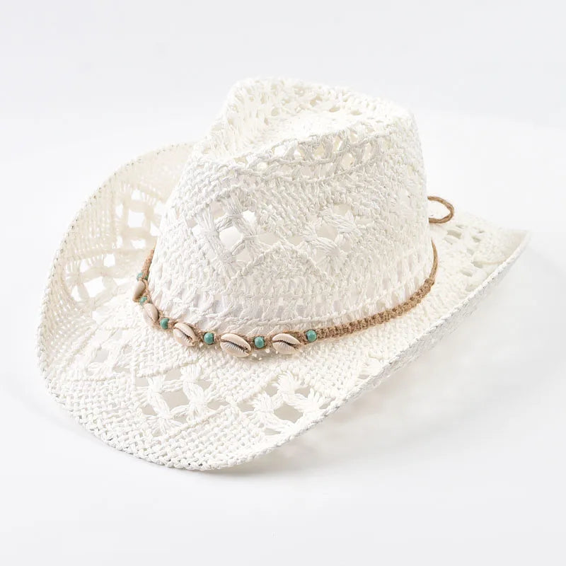 Straw Hat for Women Summer Shell Decoration Beach Hat Hollow Out  Wide Brim Sun Hat Chapeu Panama Feminino