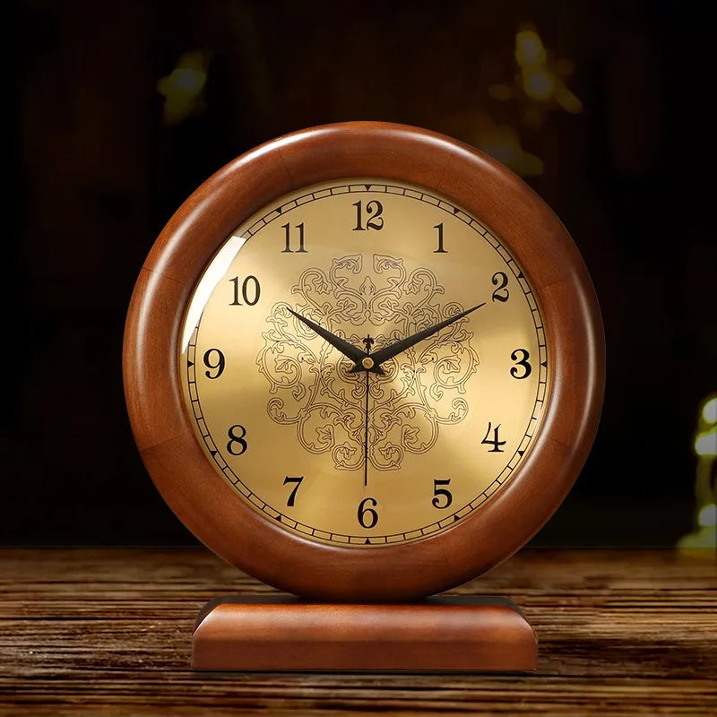 Solid Wood Clock Desktop Ornament Retro Living Room Home Desktop New Chinese Style Silent Pendulum Clock