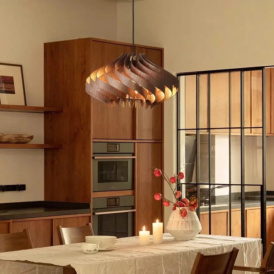 Wood Art Pendant Light, Modern Art Warm LED Decor Lamp for Dining Room Bedroom Bedside Ambient Lighting