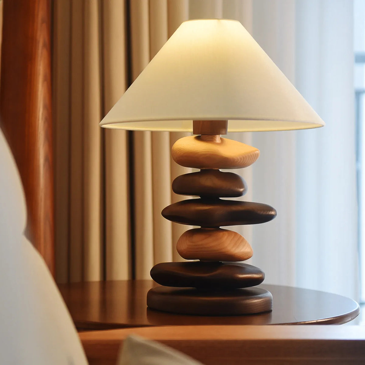 Solid Ash Wood Carving Stack Stone Shaped Table Lamps Dimmable Indoor Decor LED Lighting Bedroom Living Room Study Desk Lamps