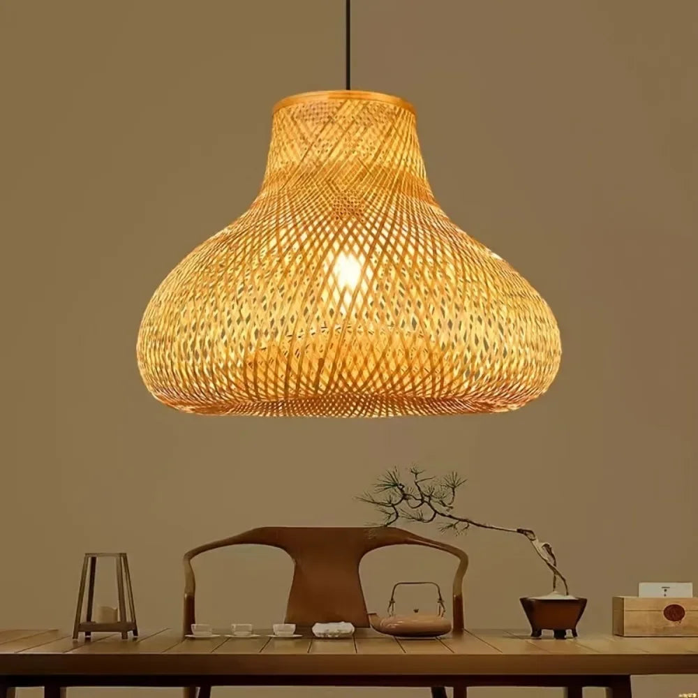 Bamboo Wicker Rattan Lampshade Rustic Pendant Lamps Weaving Hanging Restaurant Kitchen Chandelier Dining Room Lampe-Rattan Light