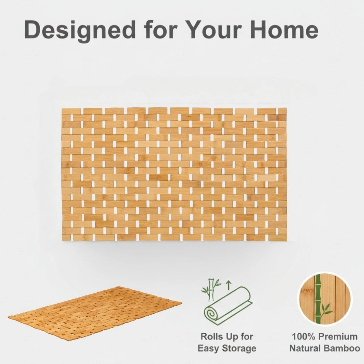 Bamboo Bath and Shower Mat – Rollable Wooden Slat Design with Non-Slip Base, Easy to Clean and Quick-Drying, Anti-Slip Bath Mat